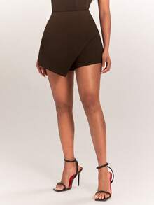Radiana Vintage Chic Dark Brown Solid Color High Waist Shorts, Mini Skirt Shorts, Business Bottoms, Versatile, Casual Outings, Commuting, Office Going Out - Coffee Brown - View 8