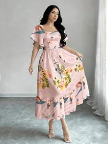 Modelyn 女款優雅波西米亞熱帶植物與鸚鵡印花長洋裝，時尚方領大喇叭袖下擺荷葉邊粉色花卉長裙 - 彩色 - 查看 3
