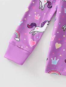 Conjunto de pijama de 2 piezas para niñas pequeñas, cómodo y suave, de tela de rayón de alta elasticidad, con estampado integral de arcoíris y unicornio, leggings de manga larga y cuello redondo - Púrpura malva - Ver 5