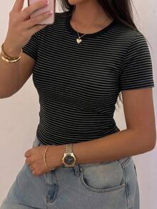 Dazy Plus Colorblock Striped Crew Neck Short Sleeve Slim Fit T-Shirt, Spring/Summer - Black - View 15