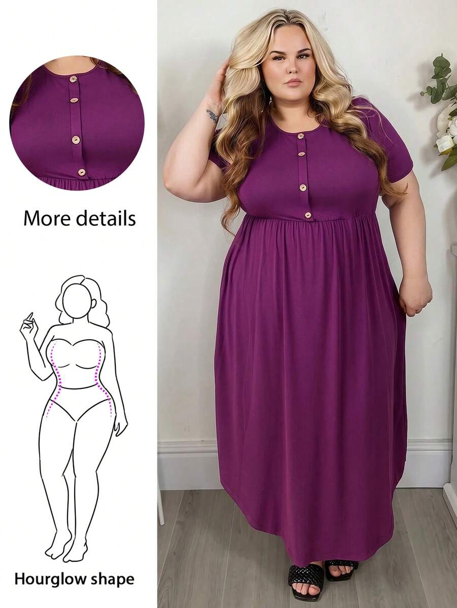 Hourglow Plus Size Basic Front Button Decor Round Neck Short Sleeve Comfy Dress, For Hourglass Body Shape Elegant - Red Violet - View 1