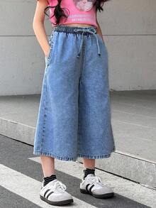 SHEIN Tween女孩休閒水洗寬腿牛仔褲 - 中等水洗藍 - 查看 4