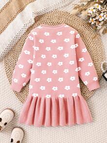 SHEIN Playful Pals 女童毛衣洋裝，時尚可愛圓領標準版型卡通花卉提花針織洋裝，柔軟舒適，適合春秋冬季，適合日常穿著、外出、旅行、度假、居家與托兒所，適合兒童玩耍 - 粉色 - 查看 2