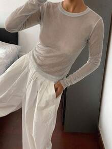 DAZY 女款素色圓領長袖性感修身上衣 - 銀色 - 查看 6