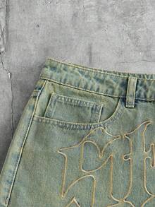 AXEPEAK 男士刺繡水洗復古短褲 - 藍色 - View 4
