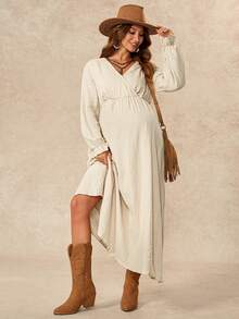 Boho Mama Apricot A-Line Dress With Ruffled Cuffs Cotton Fabric Suitable For Autumn Daily Wear Photoshoot And Vacation Country Style Maternity Normal For Women - Khaki - View 10