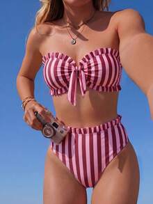 Swim Mod Spring/Summer Beach Casual Vacation Striped Print Bikini 2 Pieces Set - Multicolor - View 1