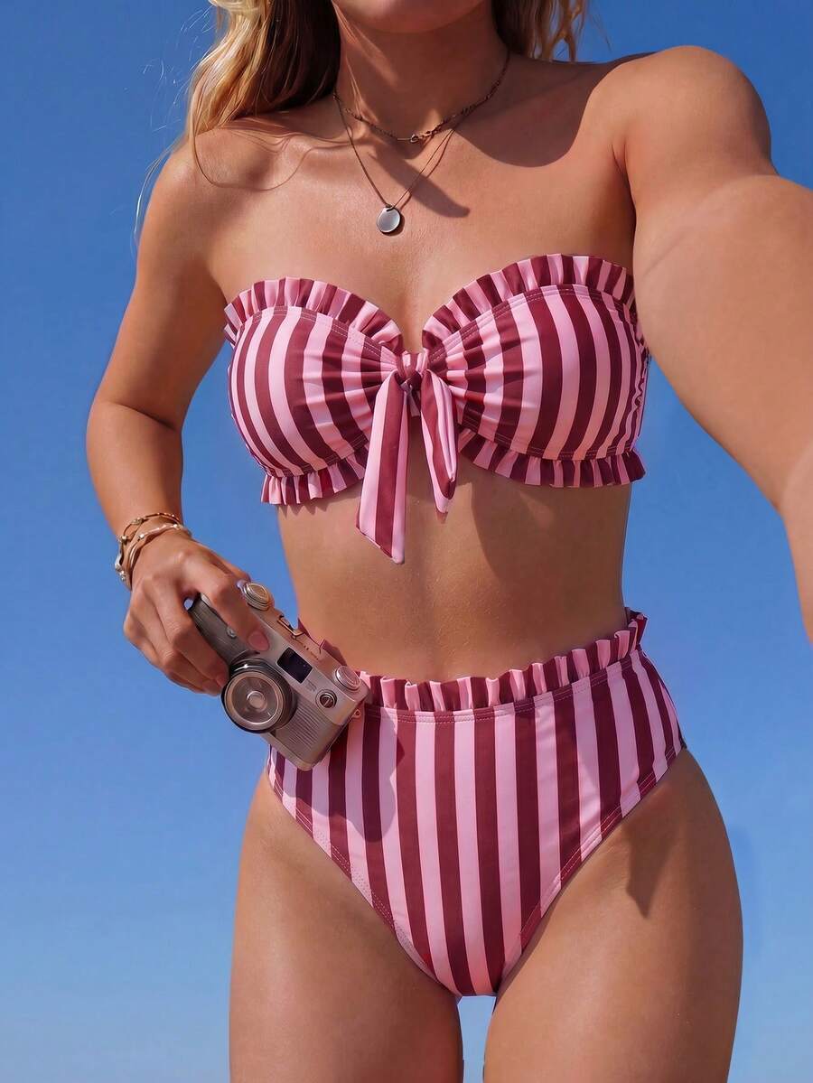 Swim Mod Spring/Summer Beach Casual Vacation Striped Print Bikini 2 Pieces Set - Multicolor - View 1
