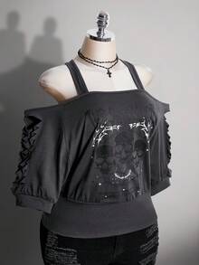 SHEIN ICON 大尺碼女款字母骷髏印花休閒百搭日常穿搭T恤 - 深灰色 - 查看 4