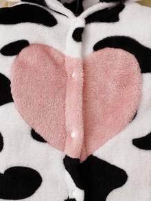 SHEIN Infant Girl Cute Playful Patchwork Heart Animal Ear Cow Print Long Sleeve Hooded Plush One-Piece Pajamas - Black and White - View 7