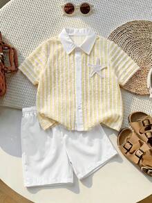 Kids Young Boy Young Boy 2pcs/Set Spring/Summer Casual Versatile Vacation Style Striped Short Sleeve Shirt & Knit Shorts Set Young Boy Outfit Set Cozy - Multicolor - View 3