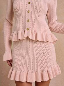 Enchnt Premium Pre-Fall Romantic Women's Pink Elegant Ruffle Hem Cardigan 2pcs/Set Top & Mini Skirt,Back To School,Casual Sets For Women,Work Outfits - Pink - View 2