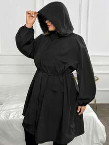 SHEIN CURVE+ جاكيت طويل أسود مقاس كبير، تصميم ضيق الخصر، خريف وشتاء، العودة إلى المدرسة، 2026 22W - الأسود - مشاهدة 9
