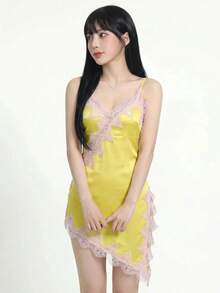 Sweetina 性感蕾絲拼接不對稱下擺細肩帶洋裝 女款 - 黃色 - 查看 4