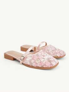 CUCCOO CHICEST Women's Shoes Fashion Mesh Lace Square Toe Word With Low Heel Sandals Women's Casual And Comfortable Temperament Versatile Flat Shoes - cherry blossom powder - View 2