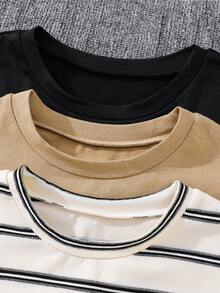 SHEIN 6件組兒童青少年男孩舒適休閒風圓領短袖條紋T恤上衣附織標裝飾短褲套裝，多件裝，適合外出、街頭風、派對、居家與休閒 - 彩色 - 查看 5