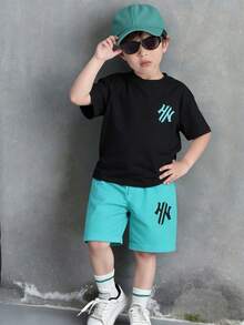 2pcs/Set Toddler Boys' Summer Casual Fashionable Comfortable Graphic Print Round Neck Raglan Top And Striped Print Shorts For Daily Outdoor Wear - Green - View 1