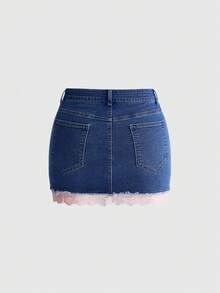 ROMWE Grunge Punk Plus Size Versatile Lace Patchwork Slimming Sexy Casual Traditional High Elastic Mini Denim Skirt Formal Date Night Blue Summer - Baby Blue - View 2