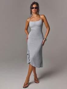 Athîral 女款休閒細肩帶無袖露肩不對稱荷葉邊垂墜中長洋裝，純色洋裝，約會之夜派對穿搭，日常穿著 - 淺灰色 - 查看 3
