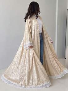 Yasmyna Abaya árabe para mujer color albaricoque tejida con estampado de leopardo, manga larga, ribete de encaje, conservadora, elegante y romántica - Albaricoque - Ver 1