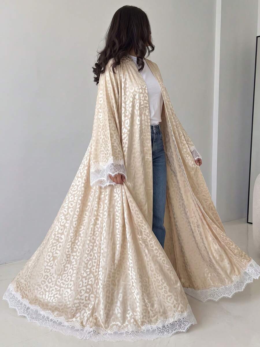 Yasmyna Abaya árabe para mujer color albaricoque tejida con estampado de leopardo, manga larga, ribete de encaje, conservadora, elegante y romántica - Albaricoque - Ver 1