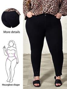 Hourglow Plus Size Solid Color Skinny Denim Jeans With Pockets, For Hourglass Body Shape Casual - Black - View 1