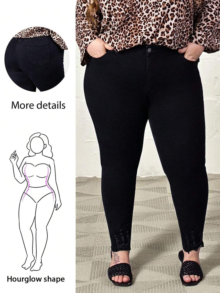 Hourglow Plus Size Solid Color Skinny Denim Jeans With Pockets, For Hourglass Body Shape Casual - Black - View 1