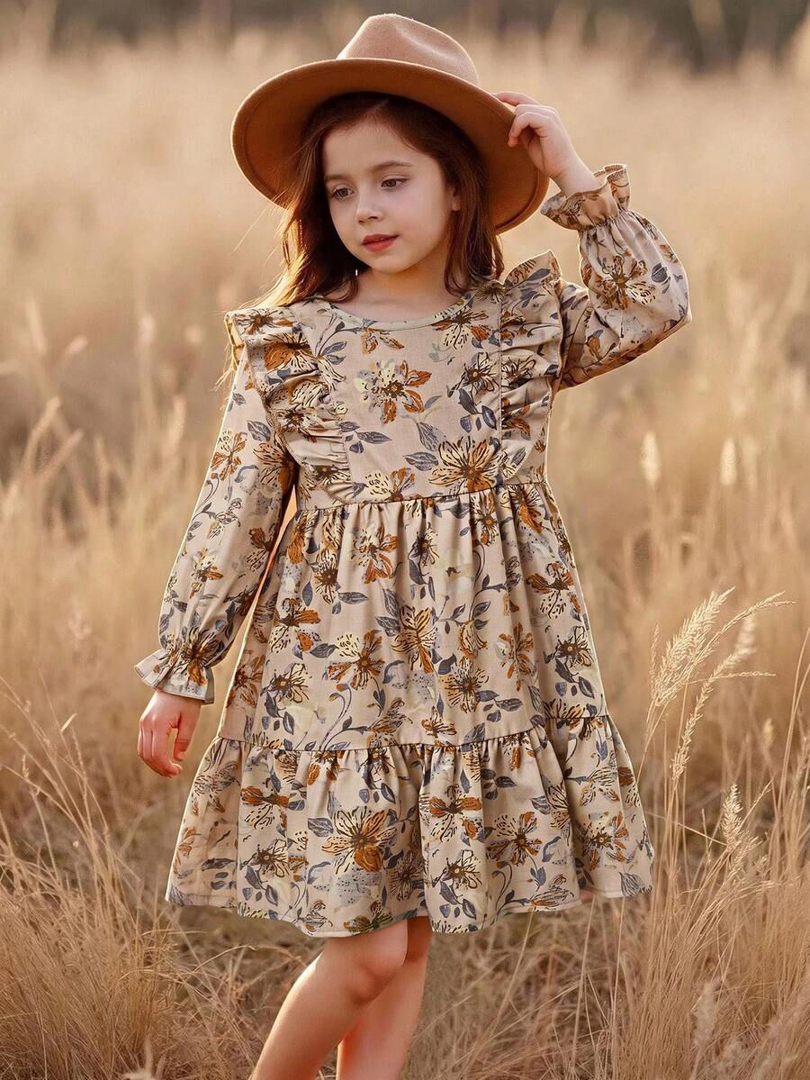 Emery Rose Kids Emery Rose Kids 女童格紋寬鬆可愛休閒燈芯絨法式洋裝，荷葉邊下擺、荷葉袖、長袖，秋冬格紋洋裝，夏秋款，非常適合休閒日常穿著與學校日常穿著，母女/姐妹套裝