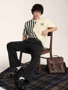 Limitiso Men's Minimalist Striped Print Colorblock T-Shirt, British Style - Beige - View 3