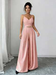 Elenzga New Women's Elegant Youthful Casual Versatile Woven Textured Camisole Jumpsuit With Metal Ring Waist Detail - Pink - View 6