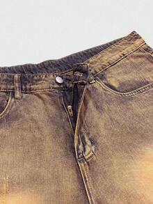 Manfinity Roghcode Shorts de pierna ancha sueltos de denim lavado desgastado color arcilla amarillo vintage para hombres - Azul lavado medio - Ver 8