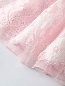 Glamorique Kids 女嬰粉色緞面蕾絲飾邊短袖泡泡袖洋裝，可拆卸蝴蝶結背部設計，花童婚禮禮服，適合生日派對、家庭聚會、晚宴、畢業舞會、夏季度假、家庭拍照及女嬰模特兒走秀 - 粉色 - 查看 7