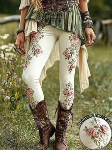 Bytebia Bytebia Women's New Fitted Vintage Romantic Elegant Print Leggings Party White And Pink Summer - Multicolor - View 4