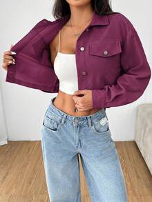 SHEIN PETITE Spring Outfits Drop Shoulder Flap Detail Crop Corduroy Black Jacket In Fall/Winter - Purple - View 8