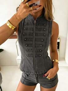 Opulessa Casual Solid Color Women's Zipper Front Vest Jacket - Grey - View 1