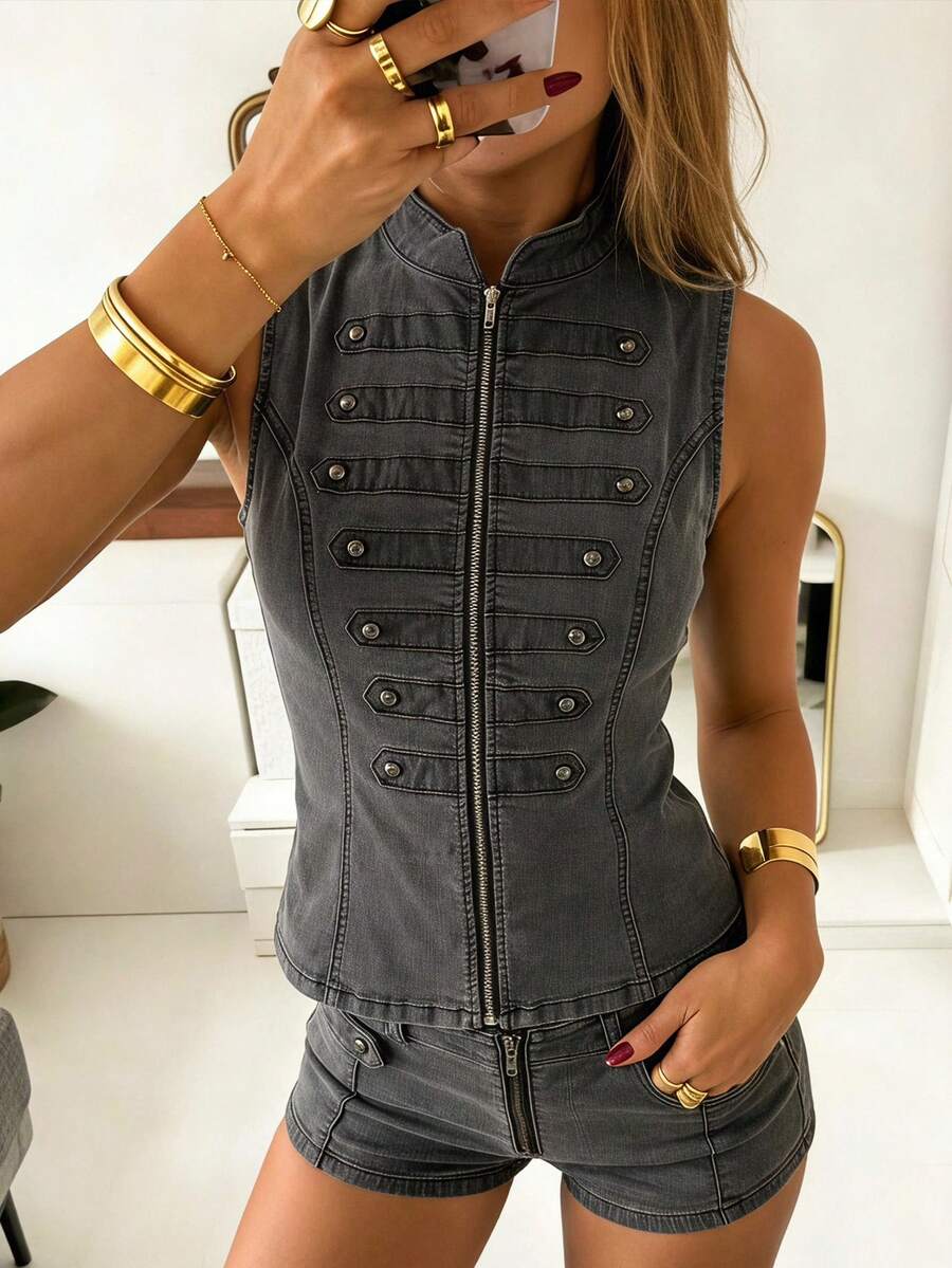 Opulessa Casual Solid Color Women's Zipper Front Vest Jacket - Grey - View 1