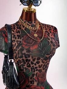 Amplova Leopard Print Bow Tie Strap Fitted Short Sleeve Ruched Floral Semi-Sheer Sexy Women's Mini Bodycon Jumpsuit - Multicolor - View 5