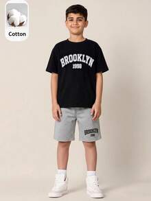 SHEIN 兒童青少年男童休閒簡約圓領短袖T恤與短褲兩件套，適合夏季 - 黑色 - 查看 4