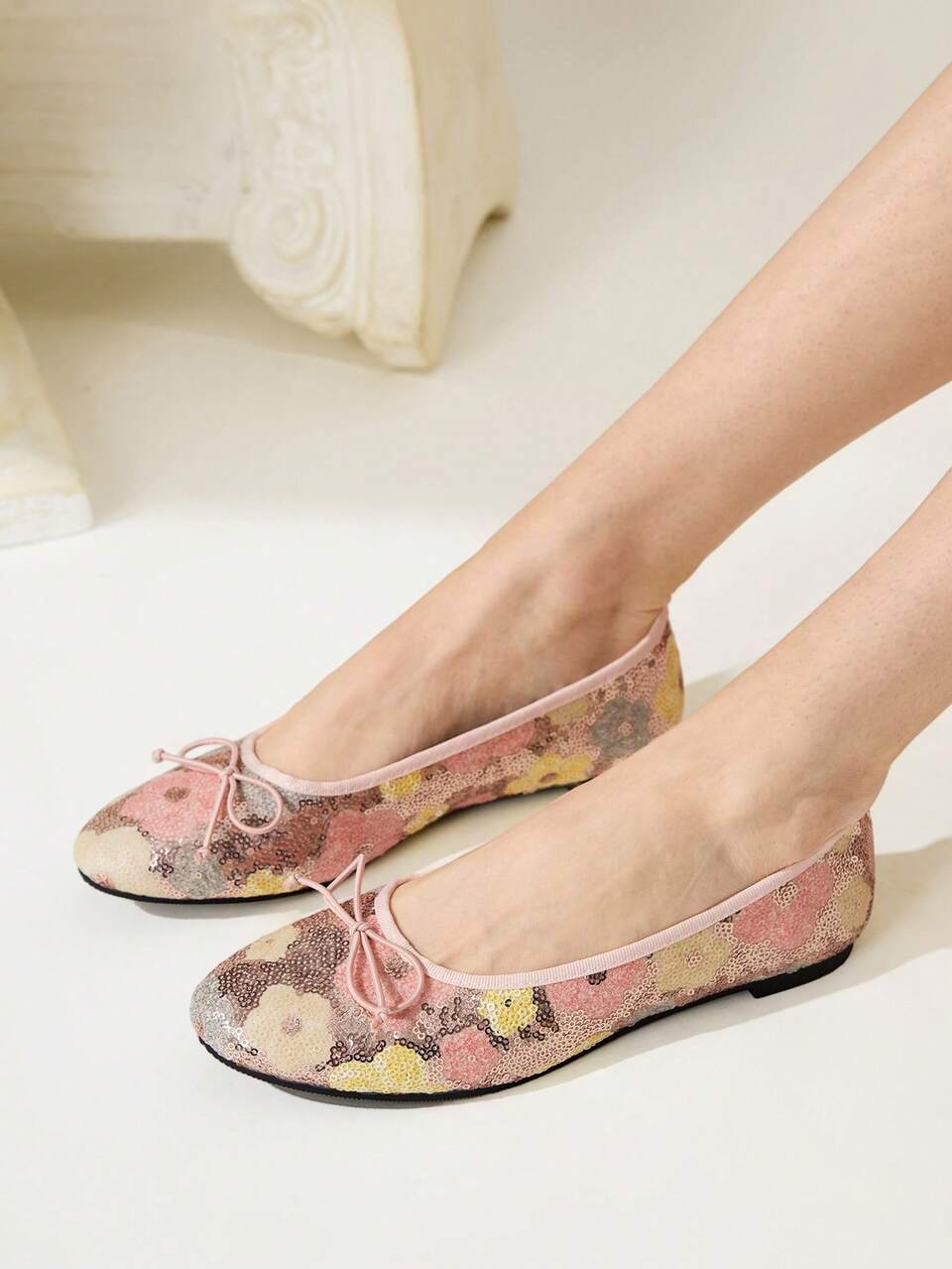 CUCCOO CHICEST French Retro Floral Sequined Round Toe Flat Shoes Women's Summer New Gentle Bow Low Vamp Shoes