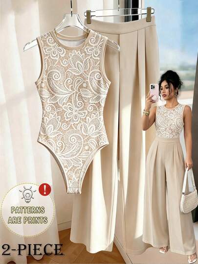 SHEIN Franclia Conjunto casual de uso diario para mujer con mono de cuello redondo sin mangas y pantalones largos de color liso