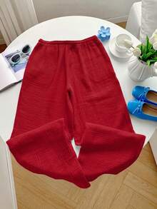 GalTyme 大尺碼女款紋理休閒抽繩腰鬆身長褲 - 紅色 - 查看 2
