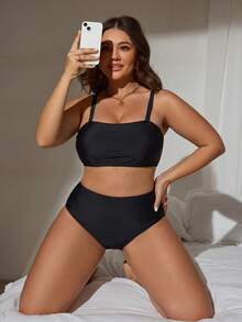 SHEIN Swim 基本簡約豹紋抹胸式大尺碼女款泳衣套裝 - 黑色 - 查看 5