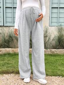 Lyckli Maternity Side Contrast Lace Drawstring Waist Pocket Wide Leg Casual Long Pants Winter - Grey - View 10