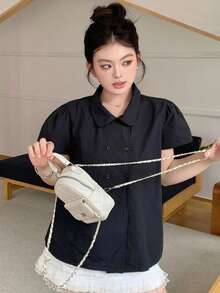 Dazy Plus 韓系時尚波點滿版印花 Polo 衫 短袖黑色大尺碼女款春夏 T-shirt - 藏蓝色 - 查看 4