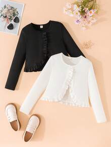 Tween Girl Solid Color Long Sleeve Frill Trim Casual Jacket - White - View 1