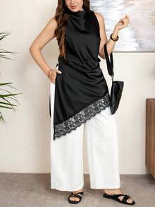 Comfylo Plus Size Women's Cowl Neck Lace Patchwork Asymmetrical Hem Elegant Sleeveless Top - Black - View 3