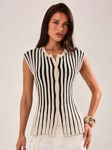 SHEIN BAE Sweater Wanita Tanpa Lengan Leher Bulat Bergaris yang Elegan, Nyaman, dan Serbaguna - Aprikot - View 9