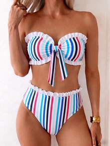 Swim Mod Spring/Summer Beach Vacation Vacation White Print 2 Pieces Set, Ruched Neckline, Ruffled Hem Pants Tropical - Multicolor - View 6
