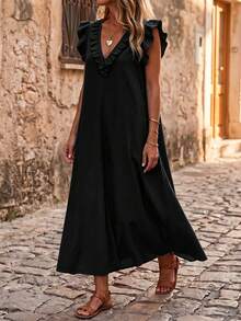 Hotletica Women's Solid Color Ruffle Hem Premium Texture Linen Casual Dress - Black - View 4