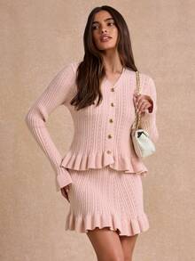 Enchnt Premium Pre-Fall Romantic Women's Pink Elegant Ruffle Hem Cardigan 2pcs/Set Top & Mini Skirt,Back To School,Casual Sets For Women,Work Outfits - Pink - View 6